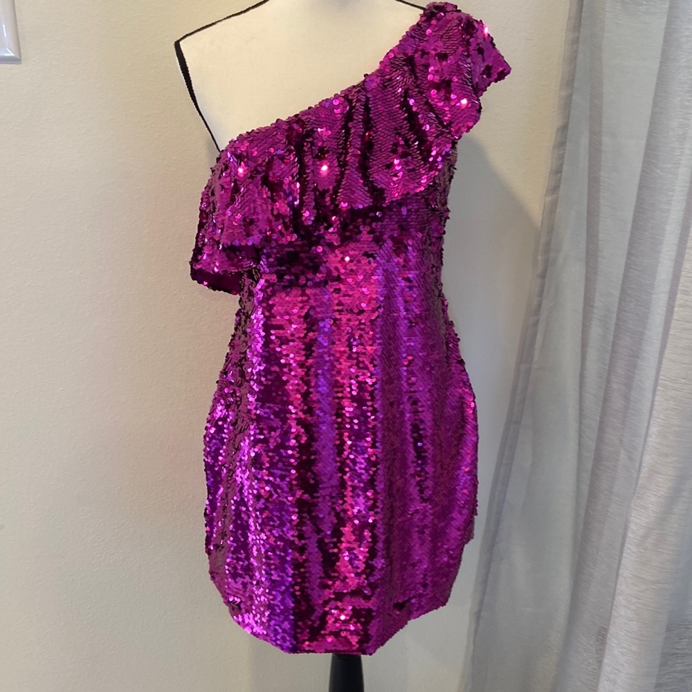Fuschia sequined, ruffled one-shoulder cocktail dress